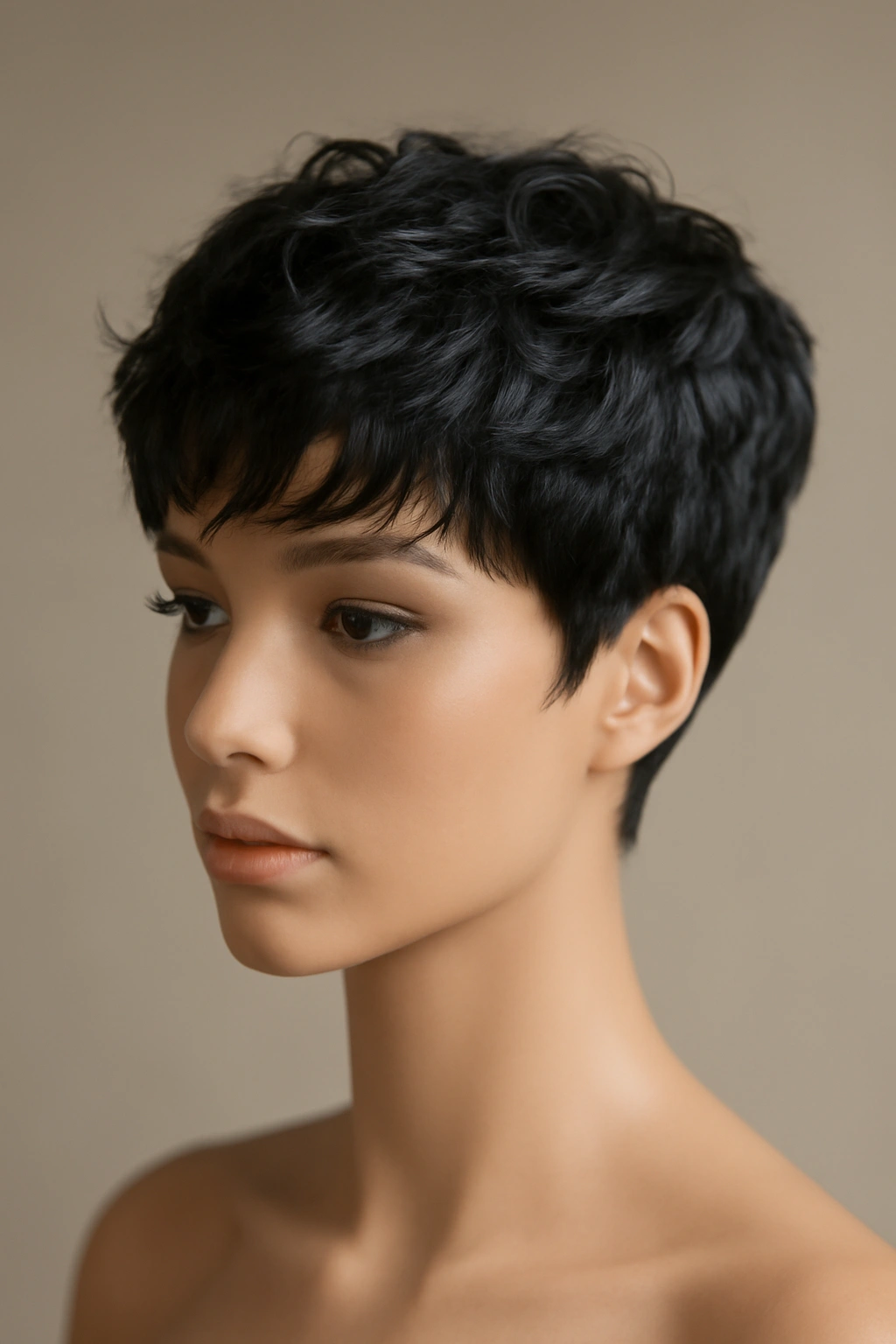 Textured pixie sew-in on mannequin head displaying layered waves and face-framing texture.