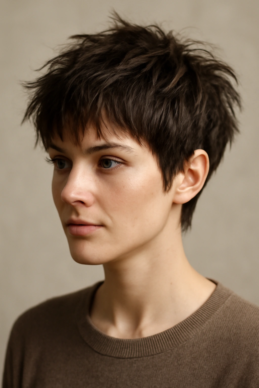 Close-up portrait of a model with textured pixie shag showing choppy layers and movement