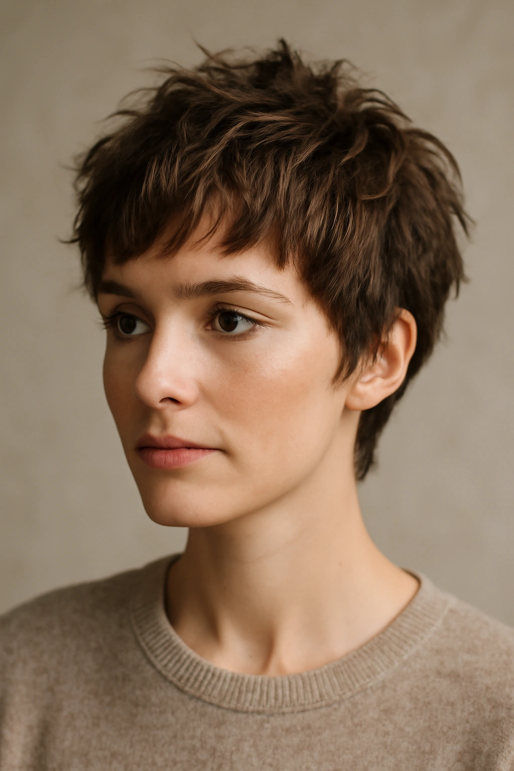 Close-up of a short textured pixie haircut with choppy layers and volume