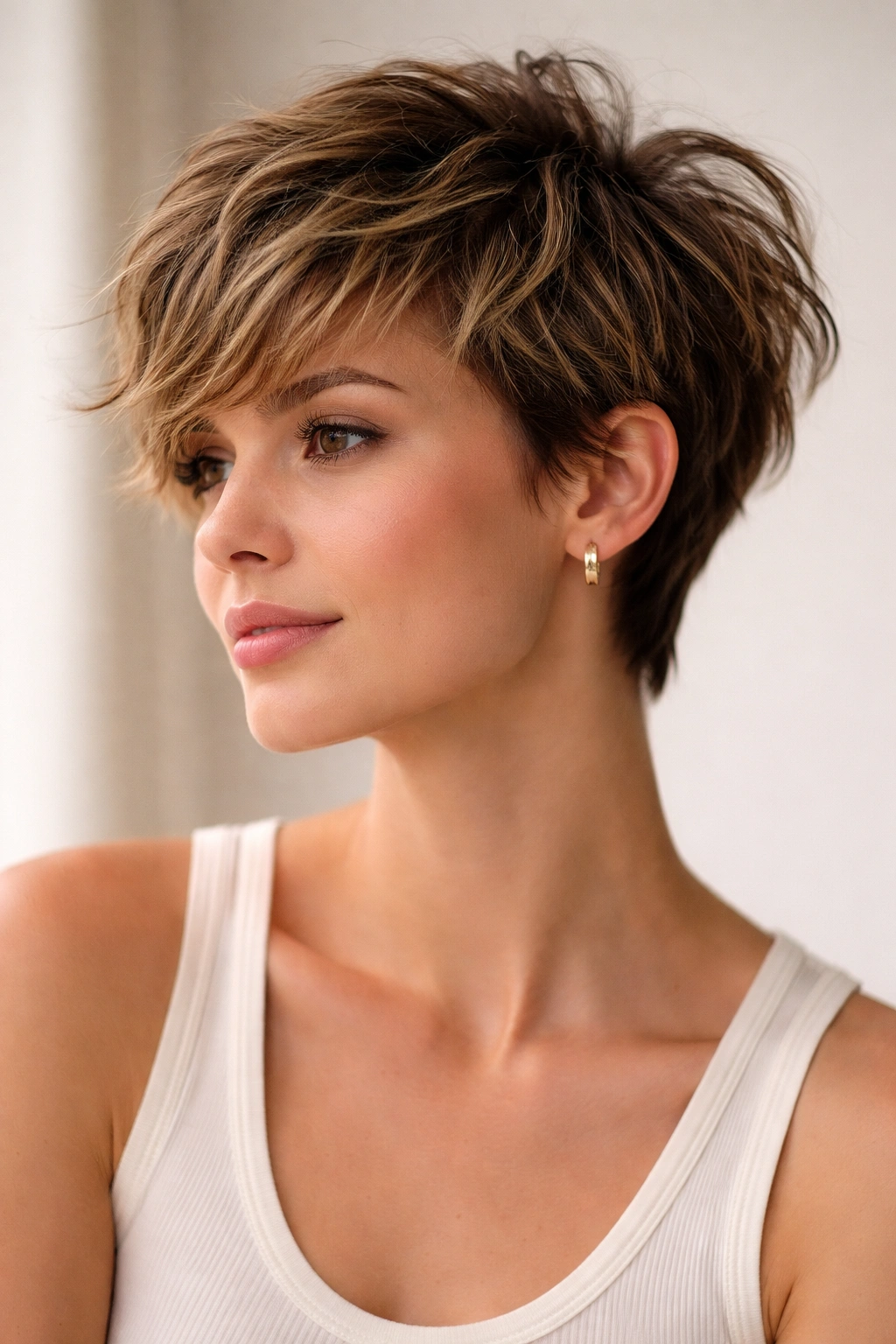 Close-up of a textured pixie cut with choppy layers and natural movement in a studio portrait
