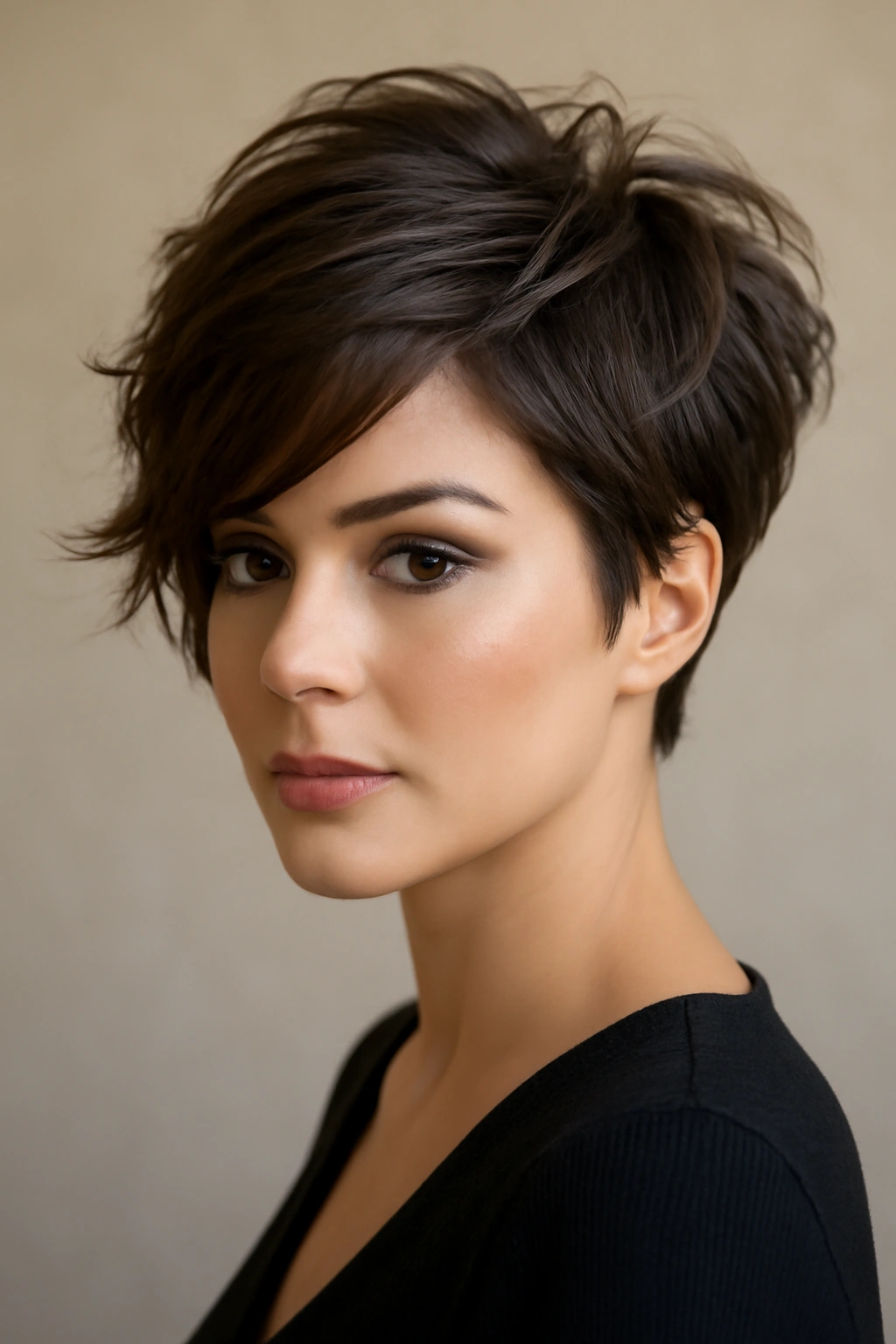 Close-up of textured pixie with dramatic side sweep showing voluminous crown and tousled texture