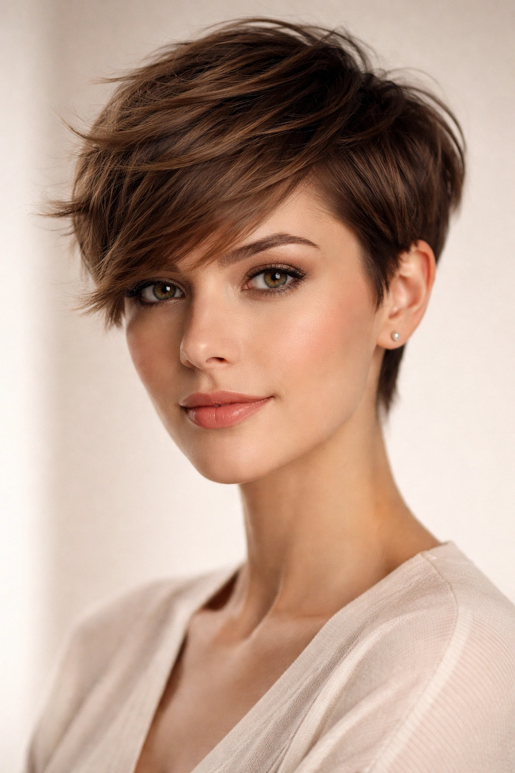 Close-up of textured pixie with side sweep emphasizing horizontal line and width