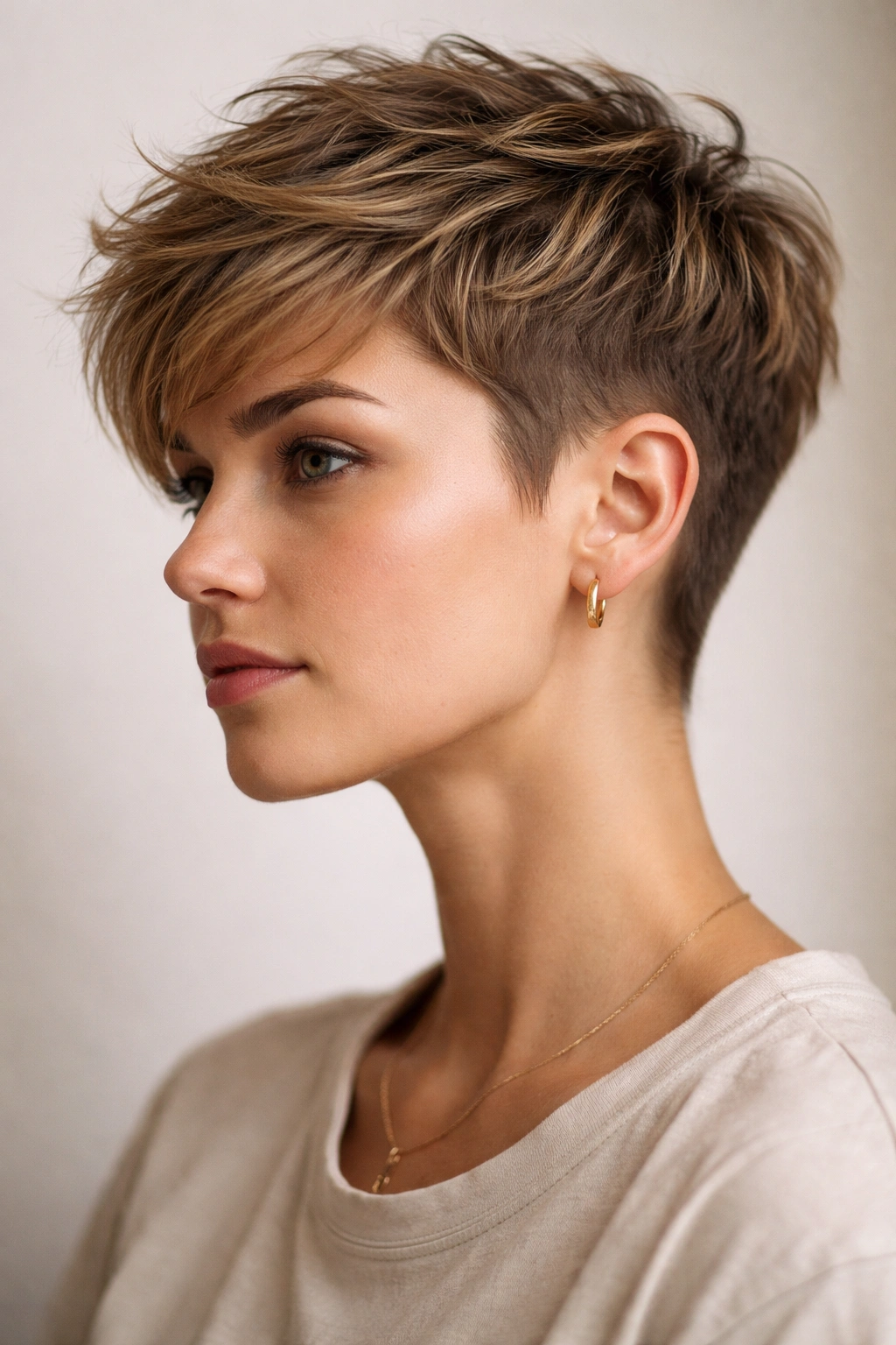 Close-up portrait of a textured pixie with tapered sides hairstyle emphasizing texture