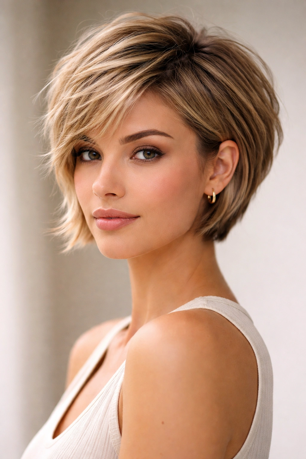 Close-up of a model's textured pixie-to-bob hairstyle with crown volume and cheekbone width