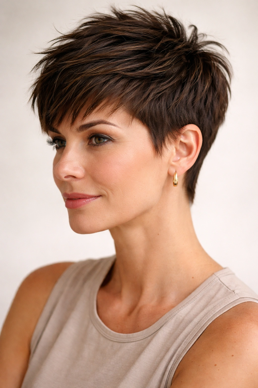 Portrait of a pixie with a long textured top and short sides