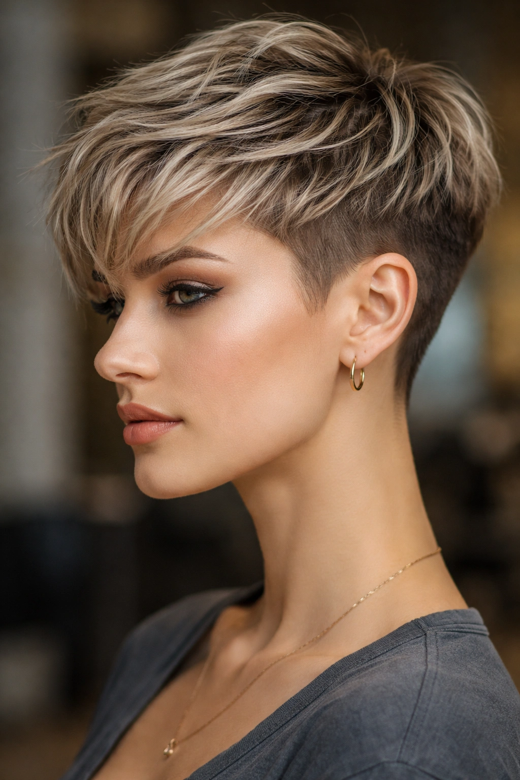 Close-up of a model's textured pixie with undercut, showing layered top and side cut.