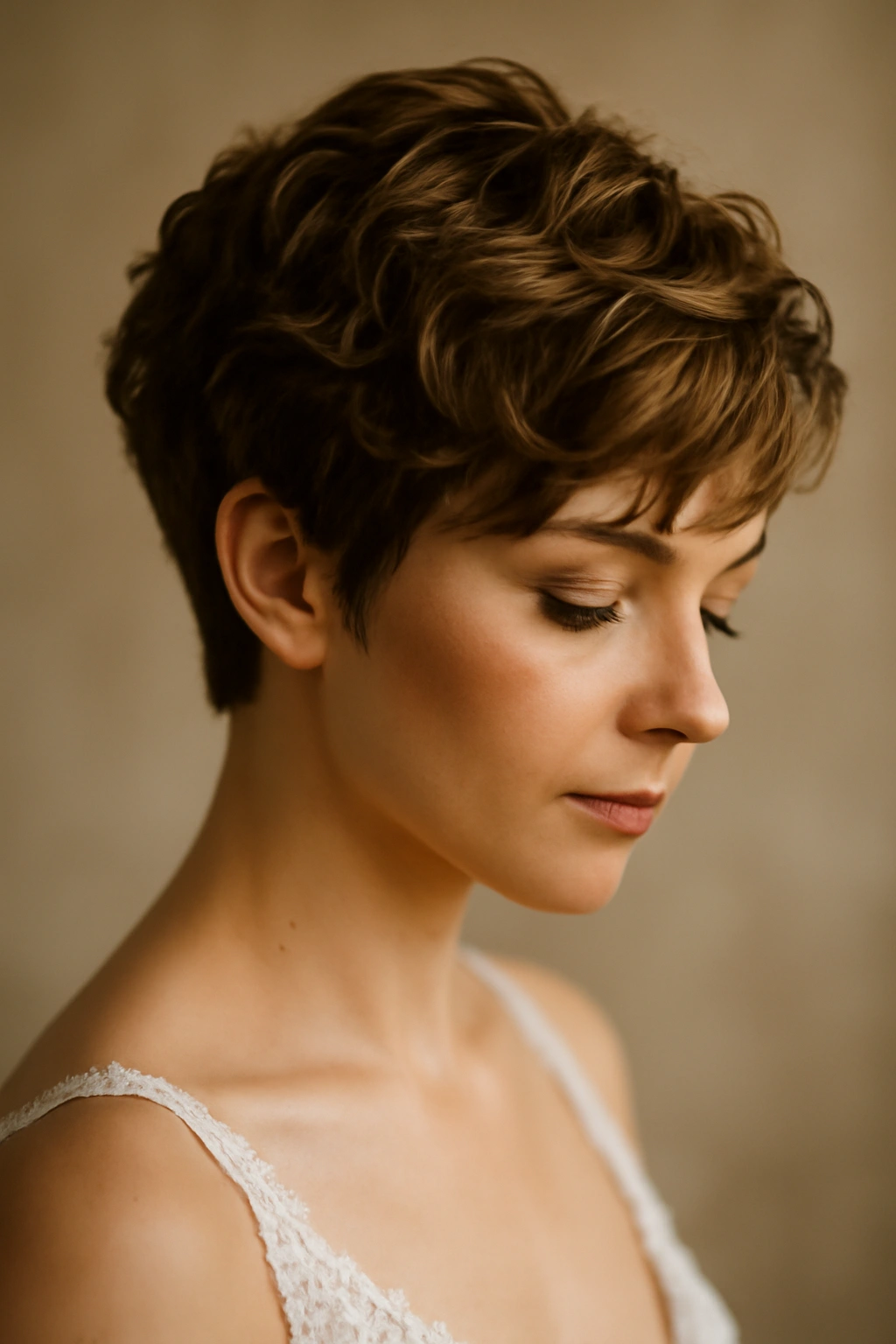 Close-up of a bride's textured pixie with soft, romantic waves catching light