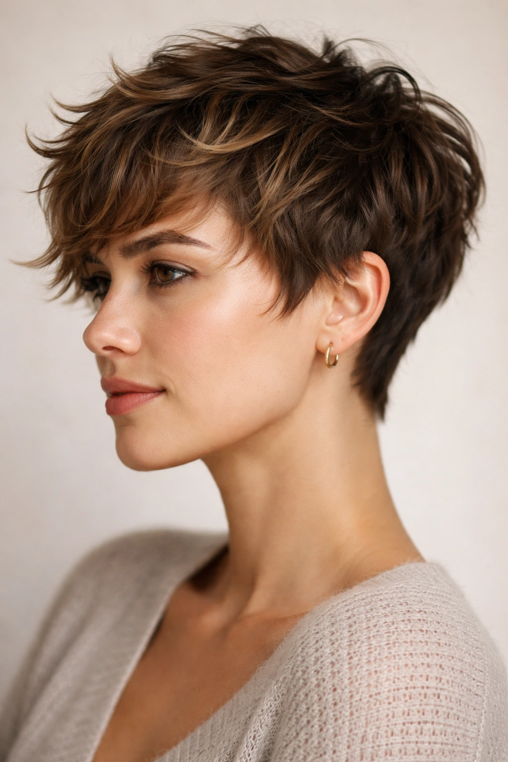 Side profile of a textured pixie with longer sides and wavy texture.