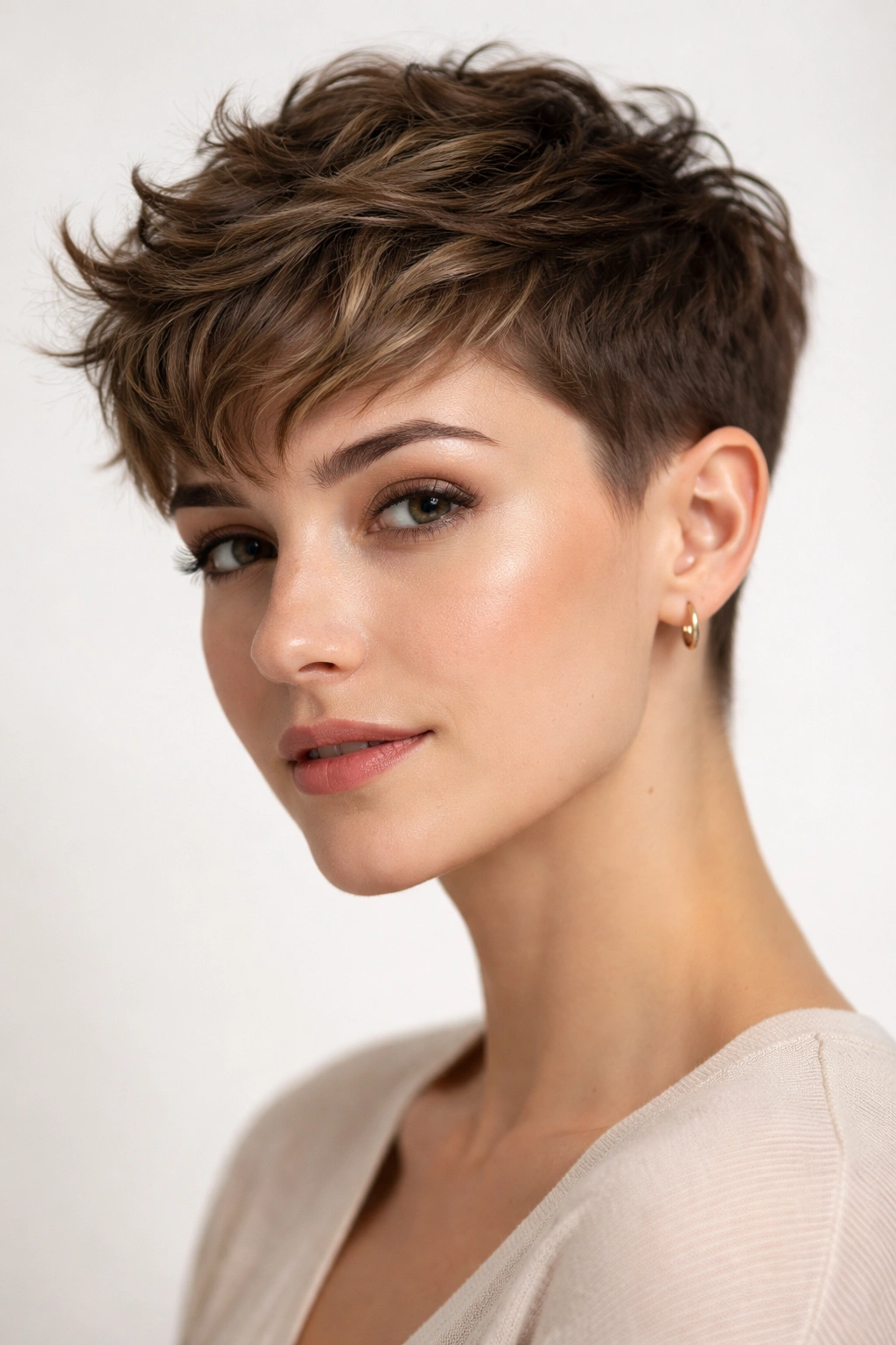 Pixie cut with length on top showing waves and short sides