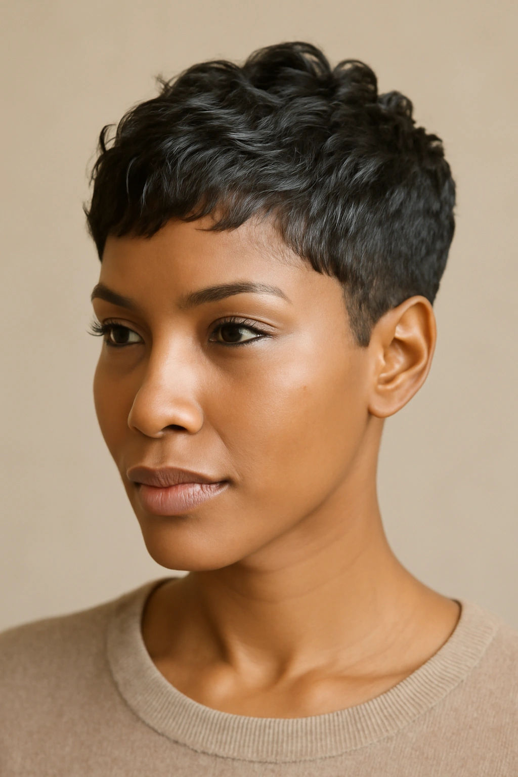 Close-up of a textured pixie weave with short sides and textured top