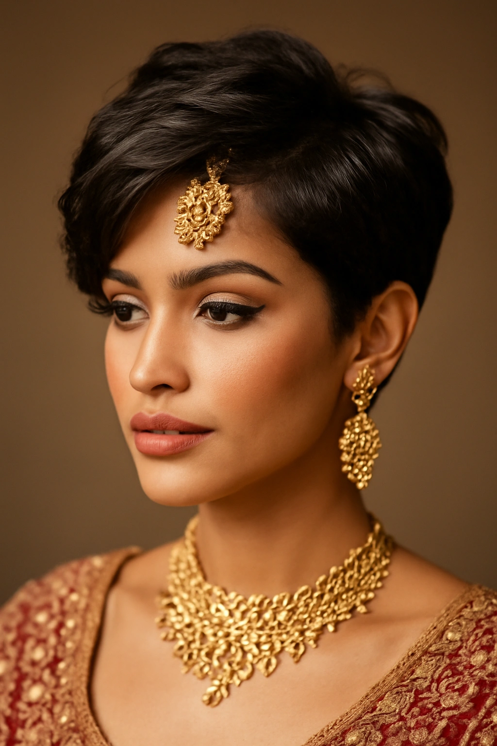 Close-up of a textured pixie with side-swept drama and wedding jewelry highlight.