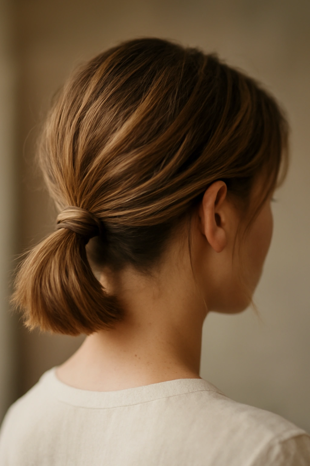 Low textured bob ponytail with wrapped section around the elastic