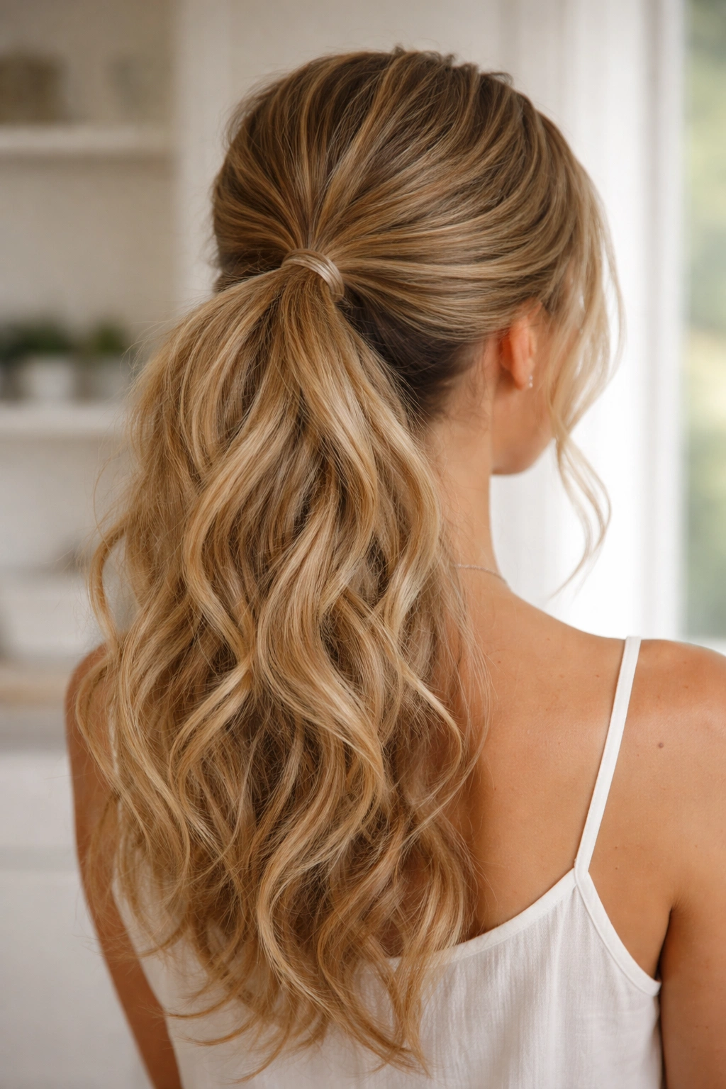 Low textured ponytail with crown volume and loose waves on fine hair