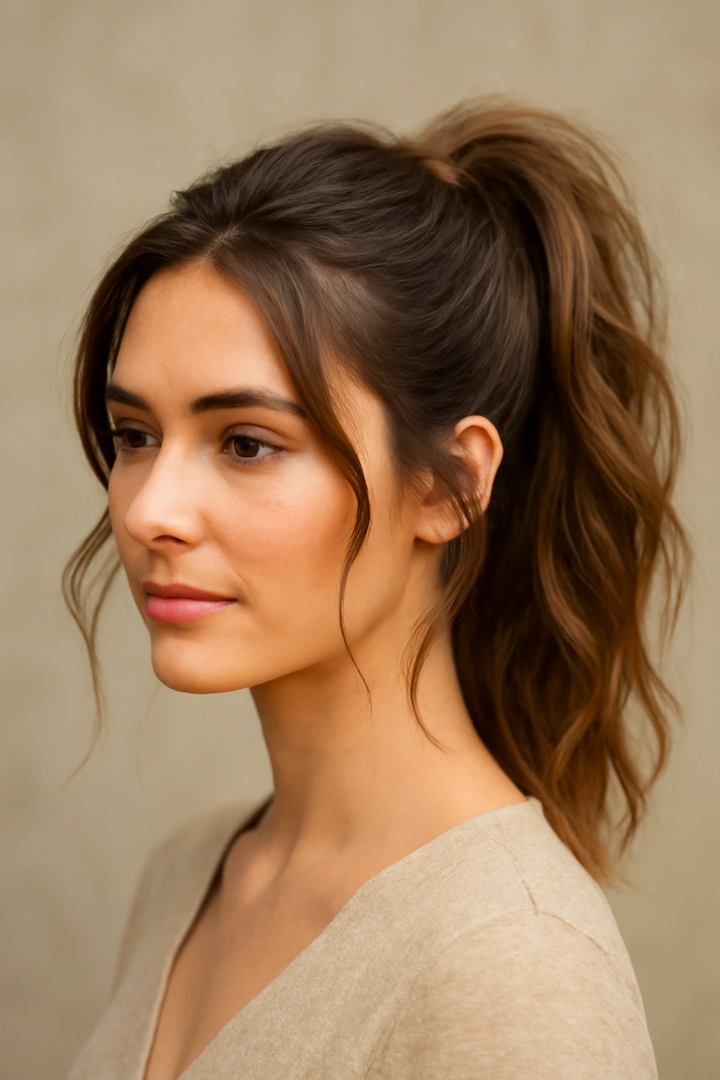 Textured high ponytail with face-framing pieces in a studio setting.