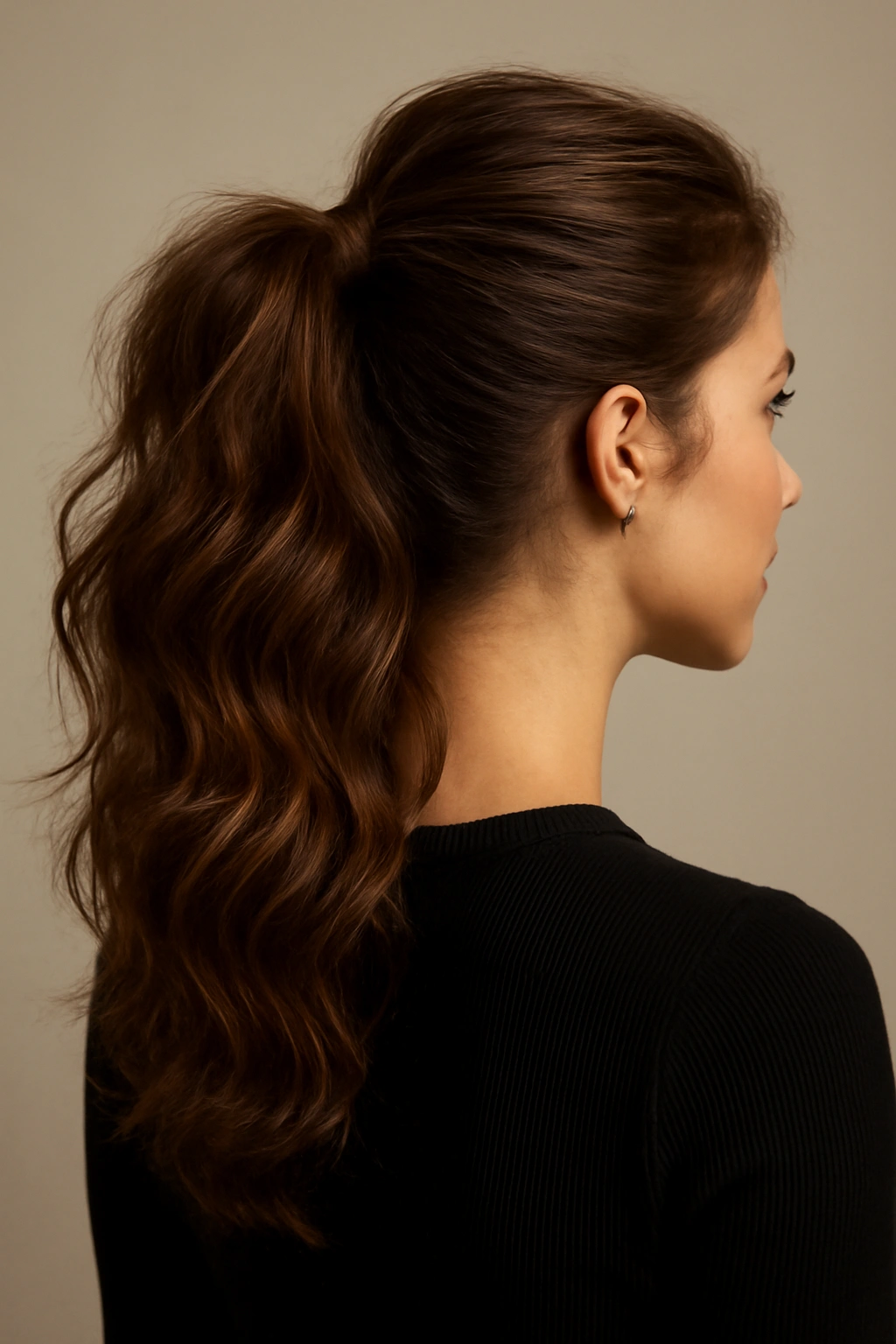 Textured voluminous ponytail with waves and movement in a neutral studio.