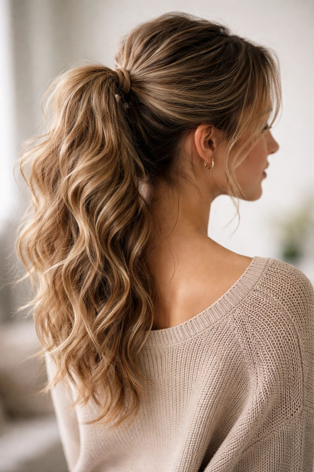 Loose textured ponytail showing wave pattern and volume