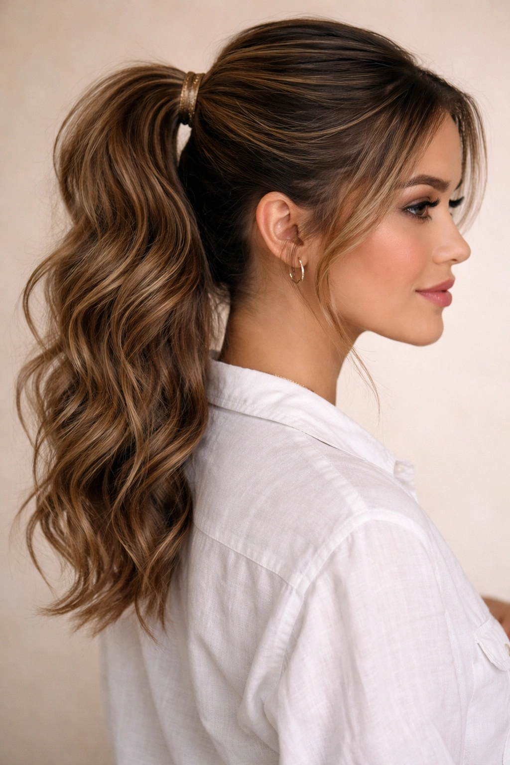 High ponytail with wrapped base and decorative accessory highlighting texture.