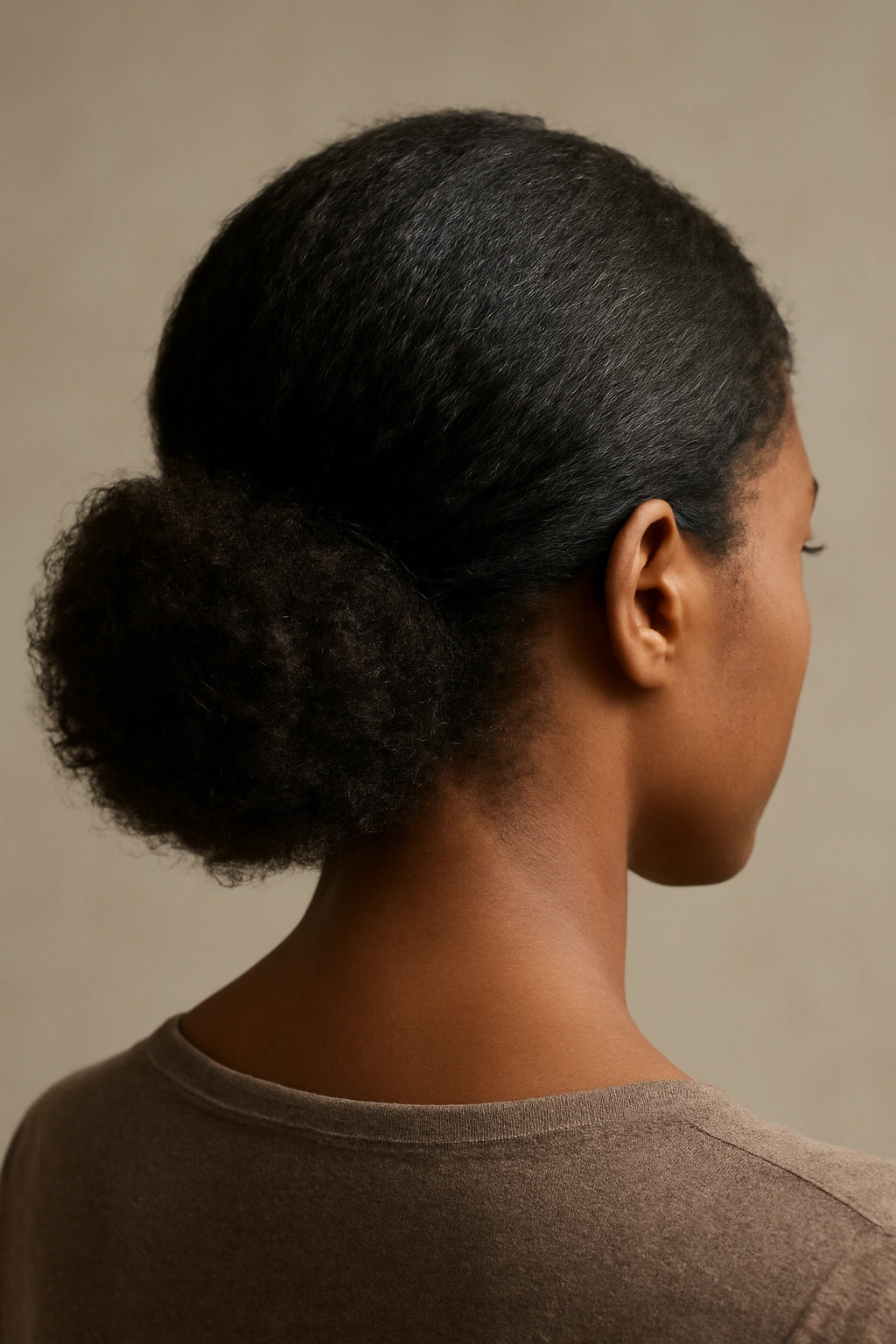 Voluminous puffed low bun at the nape showing curl texture
