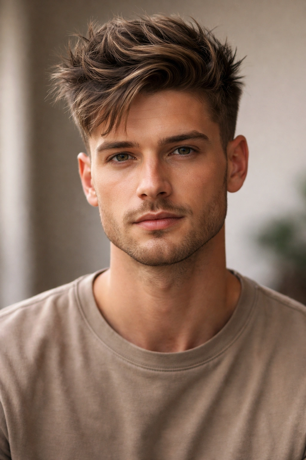 Frontal portrait of a textured quiff with voluminous top and short sides