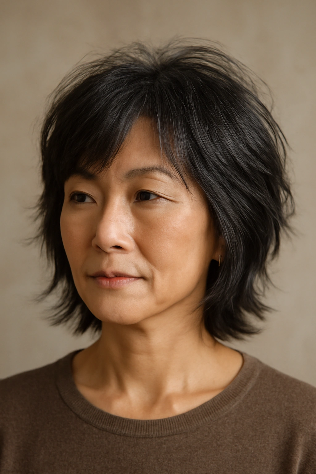 Portrait of an Asian woman over 50 with textured shag and side-swept bangs.