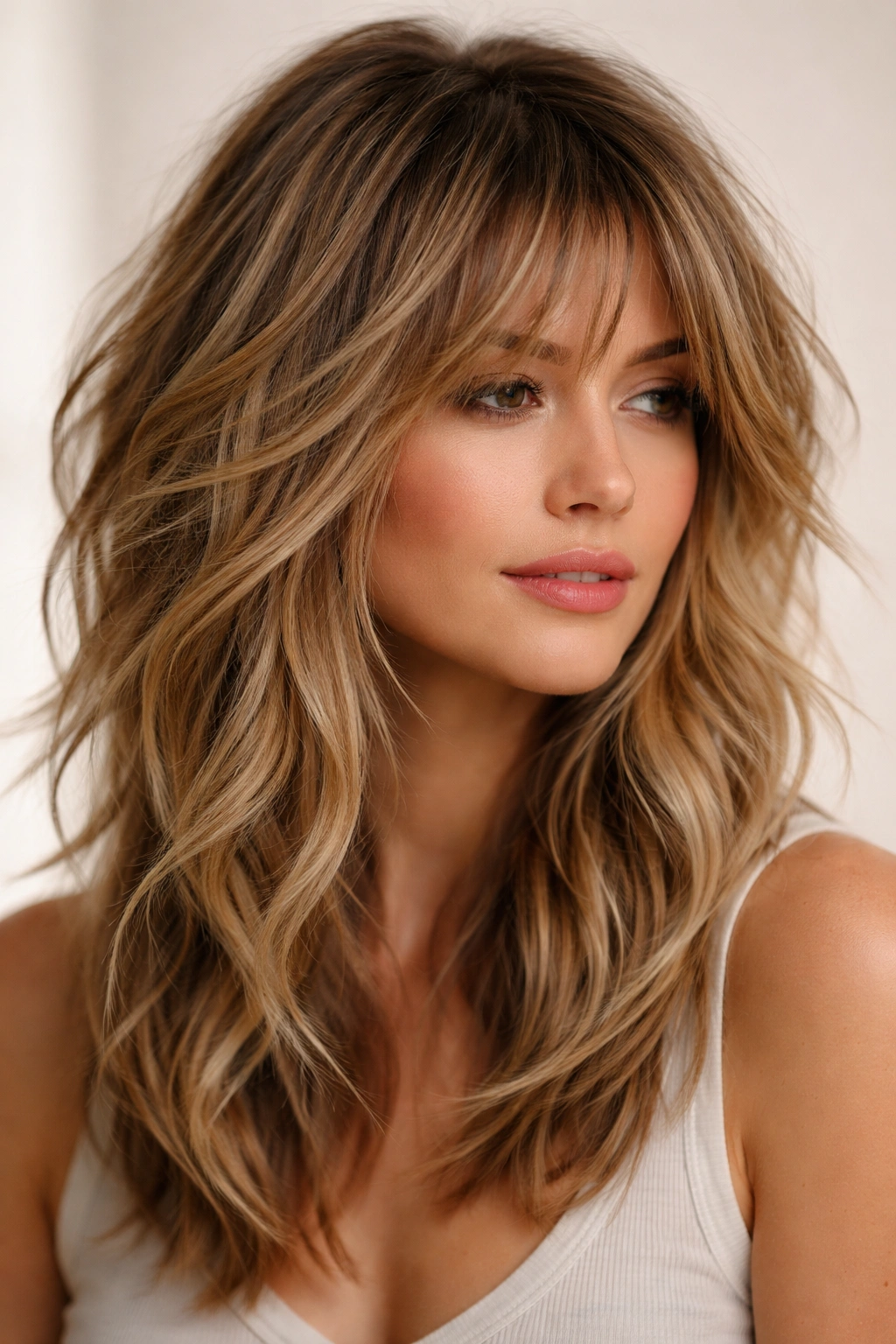 Textured shag with balayage highlights showing depth and movement in fine hair