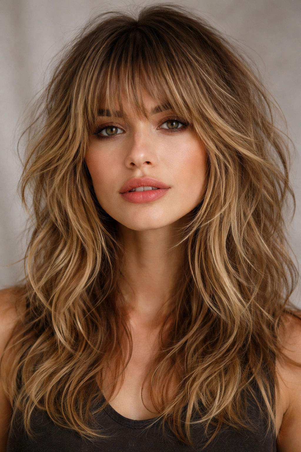 Close-up of The Textured Shag with Bangs showing bangs and textured layers.
