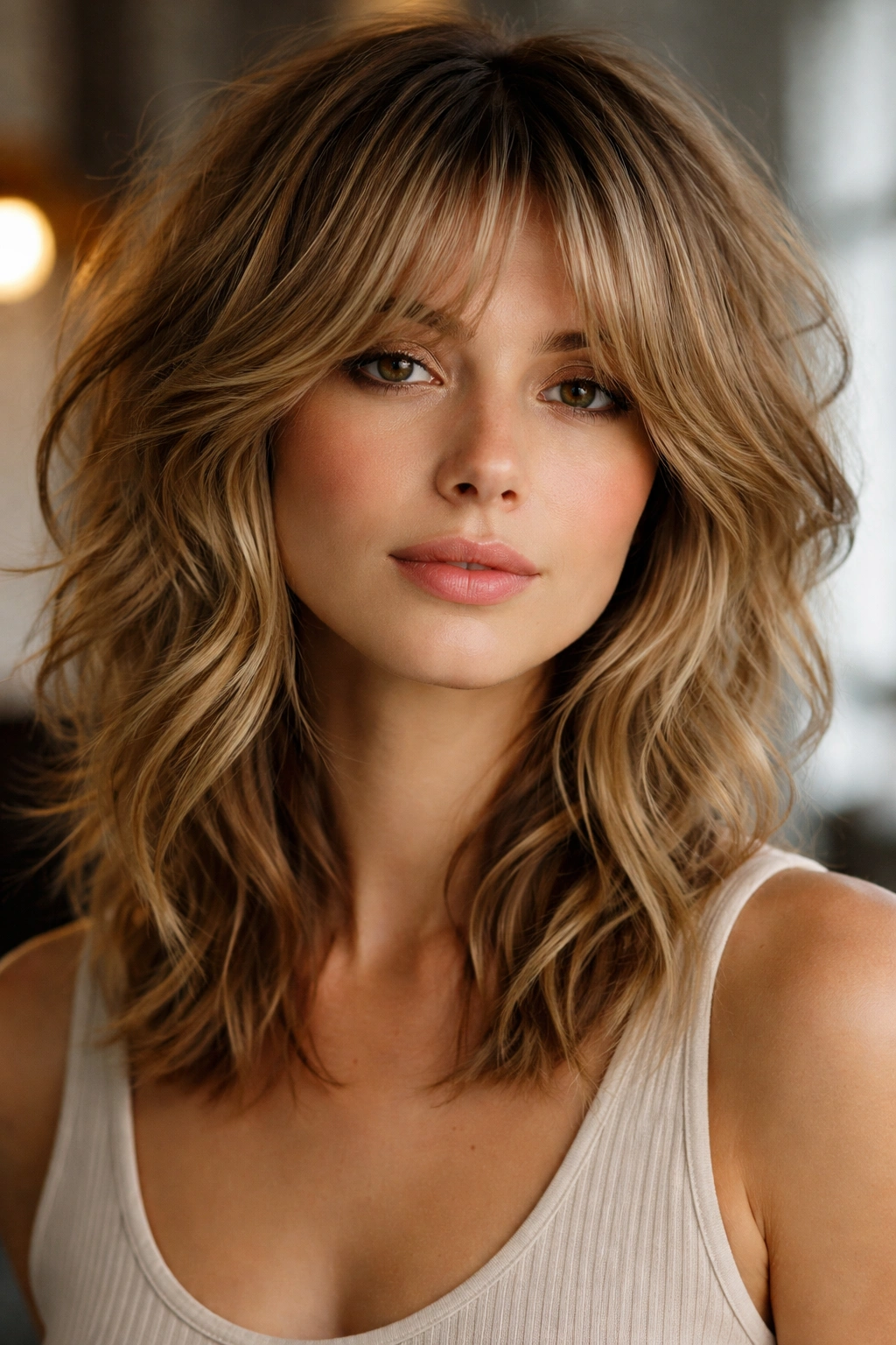 Portrait of a person with a textured shag and feathered curtain bangs showing depth