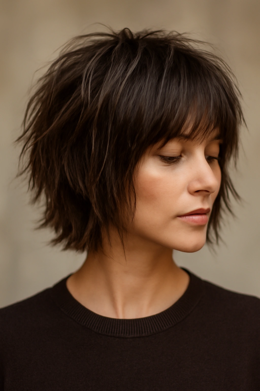 Mid-length textured shag bob with choppy layers and varied lengths.