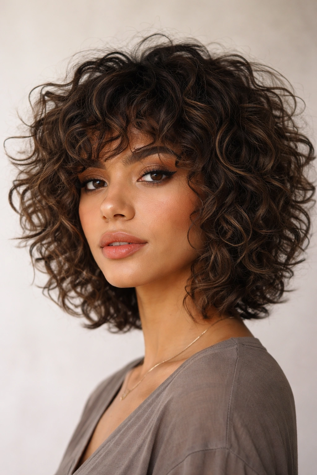 Close-up of textured shag bob on curly hair with choppy layers