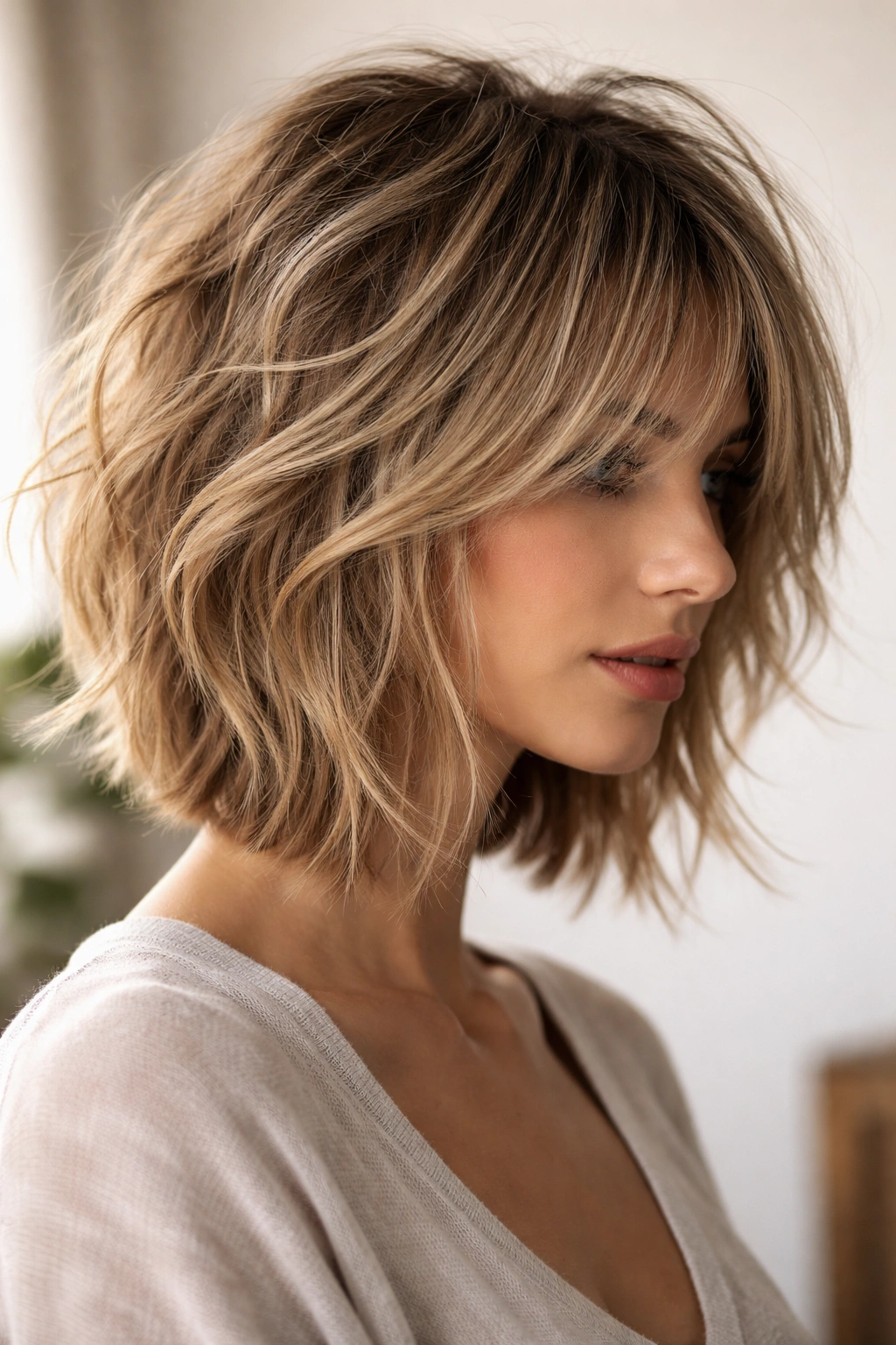 Close-up of a textured shag bob with choppy layers and wispy ends on a head under studio lighting