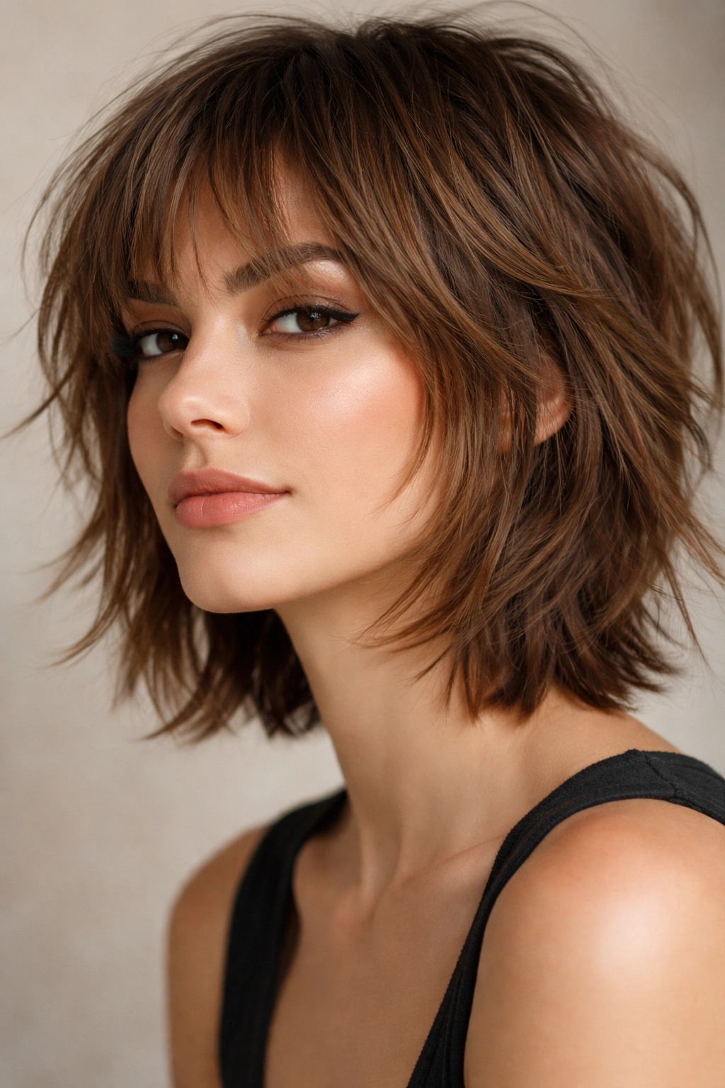 Close-up of a chin-length textured shag with choppy layers highlighting cheekbones