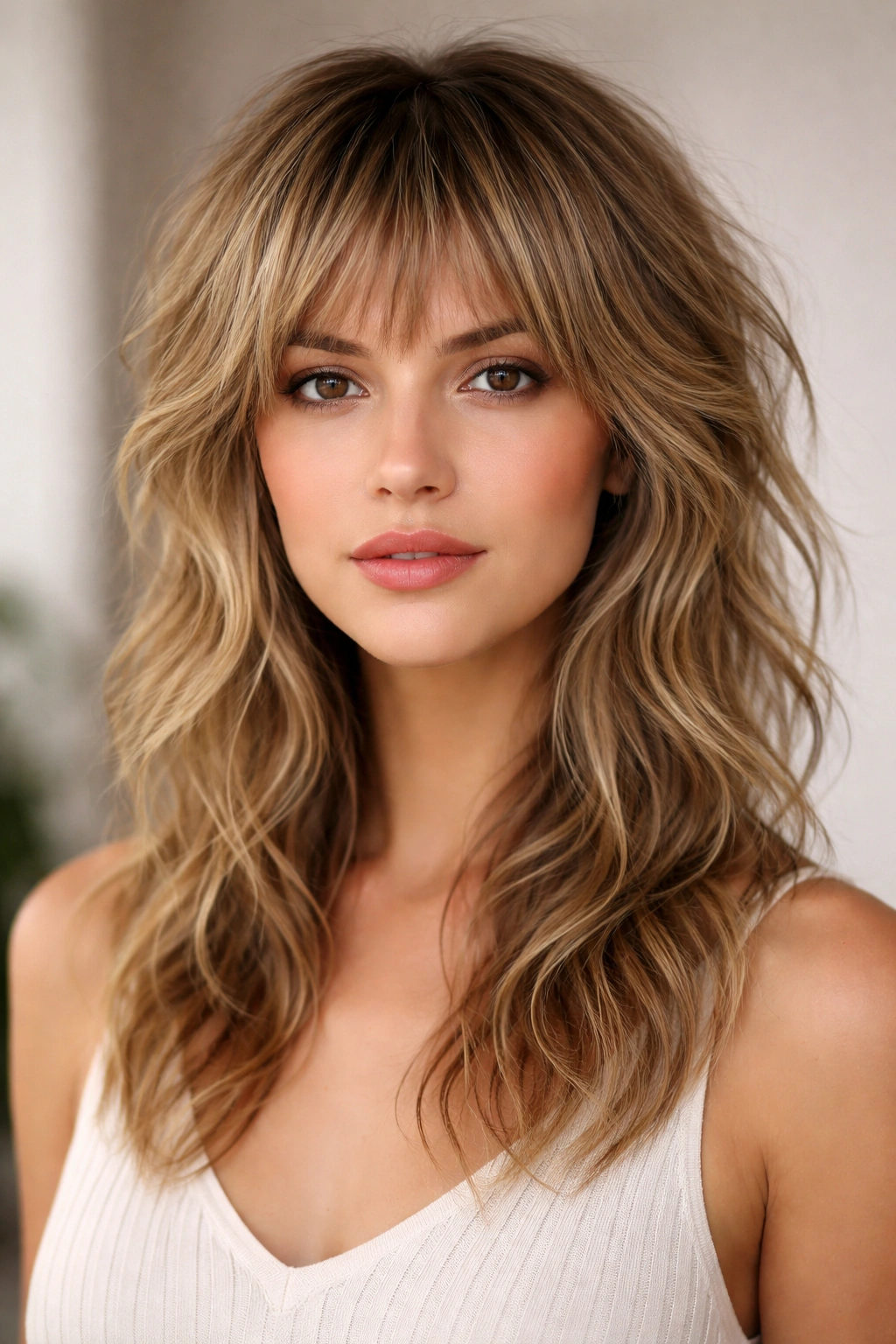 Close-up of The Textured Shag hairstyle on fine wavy hair showing layered movement