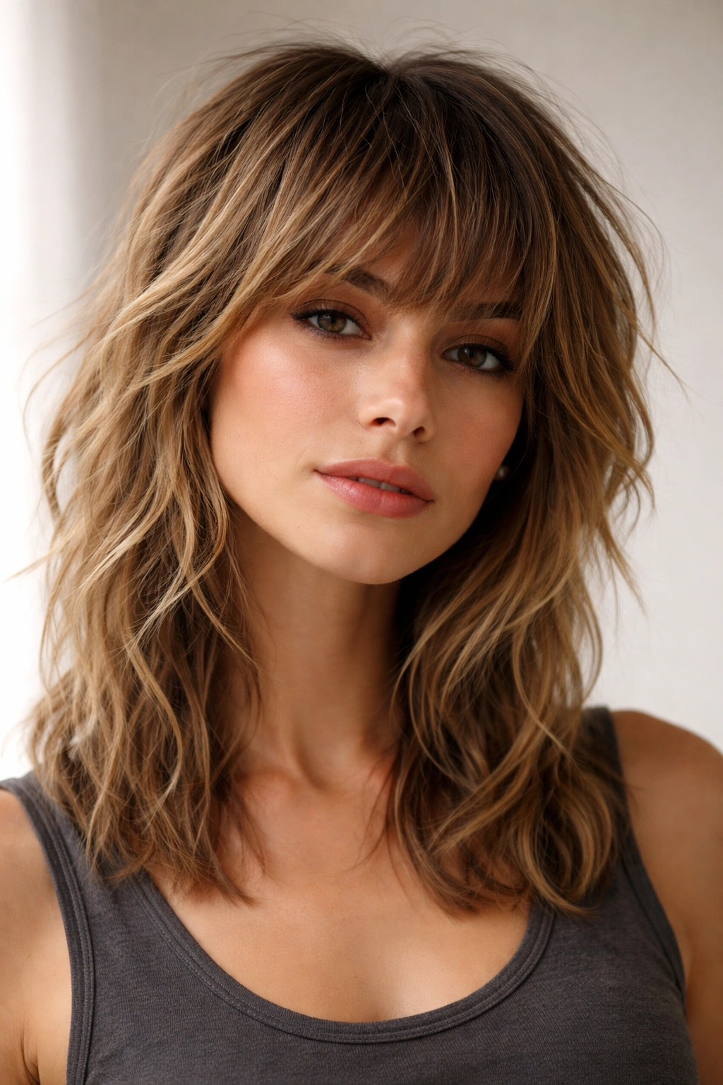 Close-up of textured shag hairstyle with choppy crown layers and longer underneath for movement.