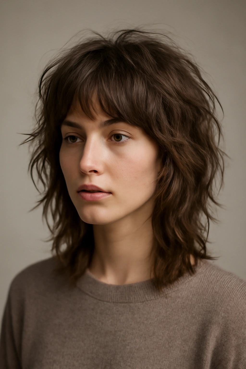 Close-up of a textured shag hairstyle with choppy layers and natural volume
