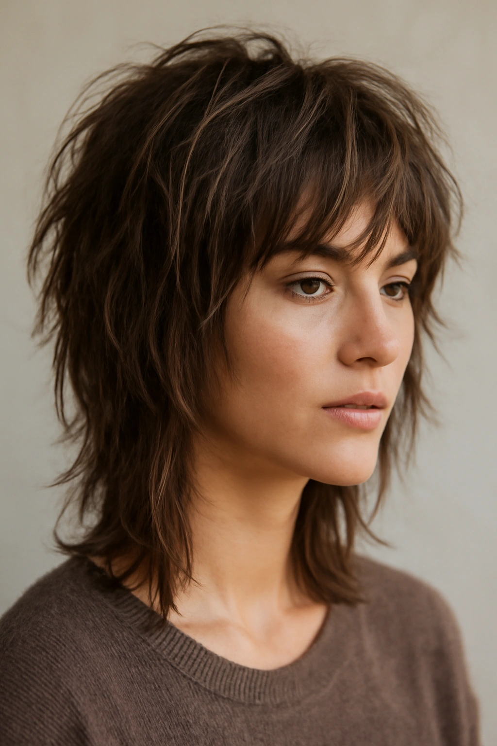 Textured shag with choppy layers and tousled waves.