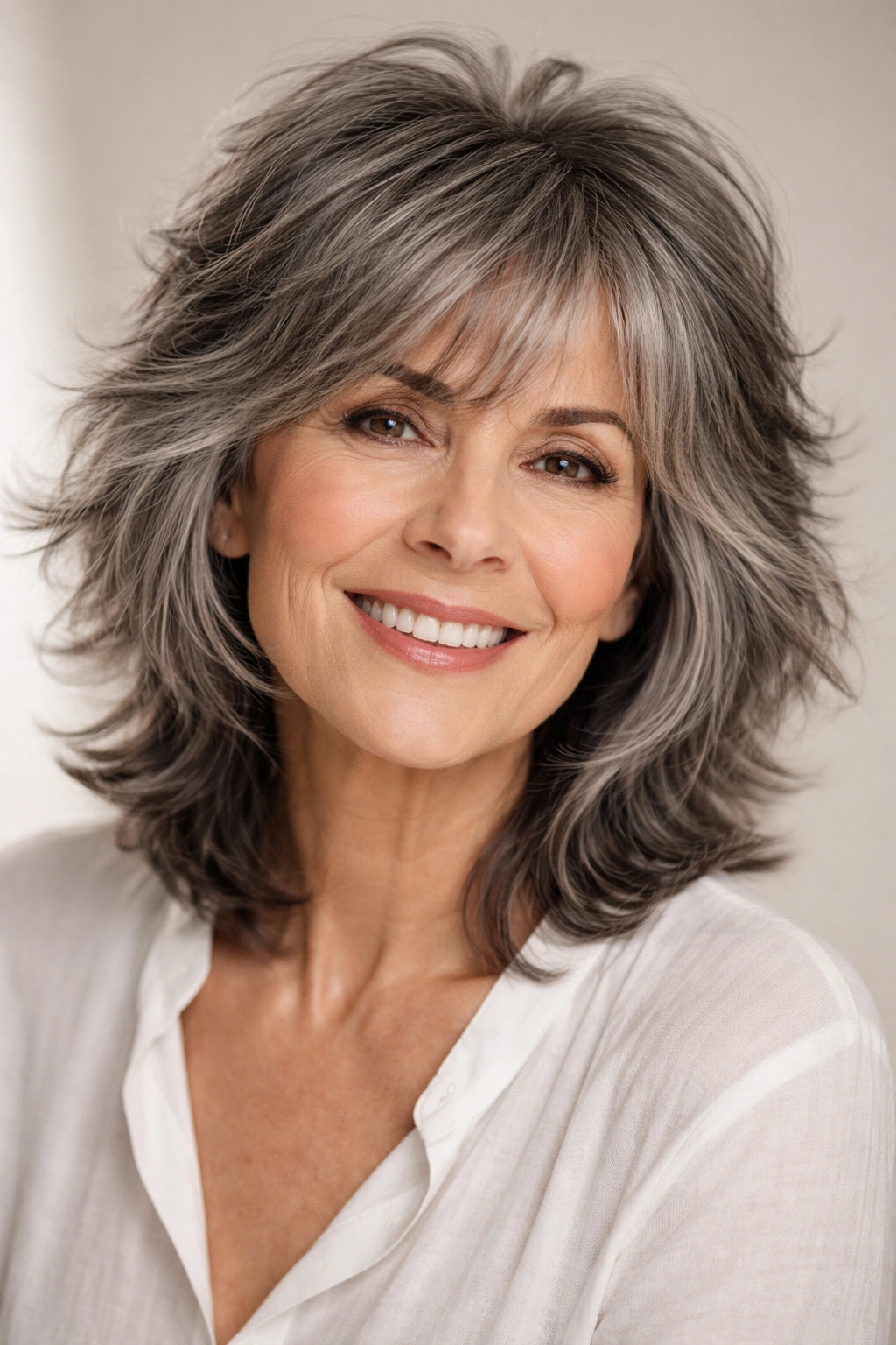 Older woman with textured shag haircut showing movement and volume