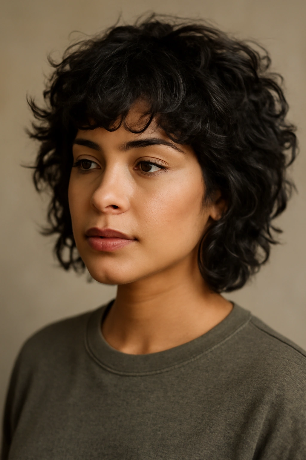 Latina woman with textured shag showing multidimensional layers and curls