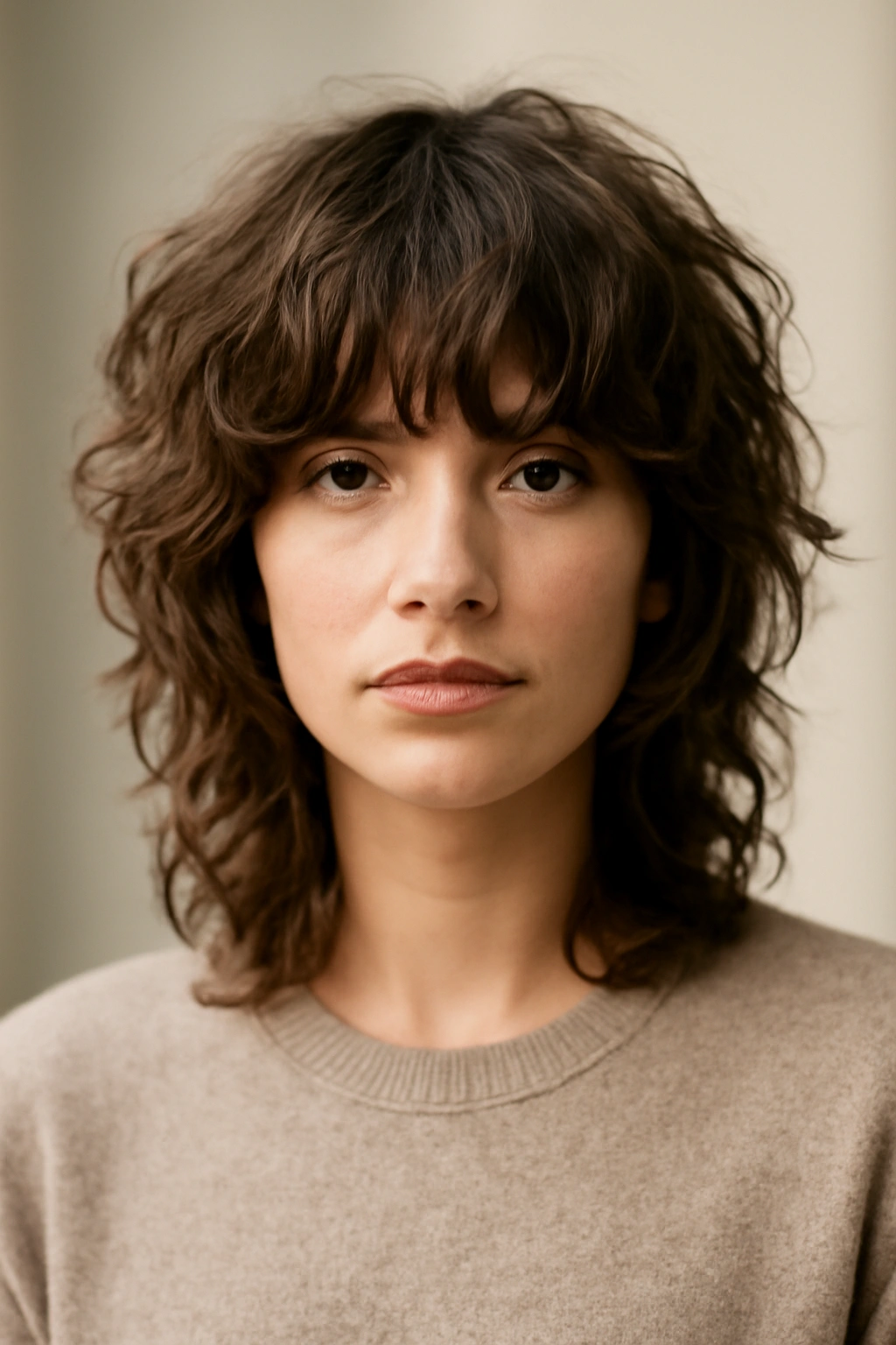 Portrait of a person with a low-maintenance textured shag and natural waves