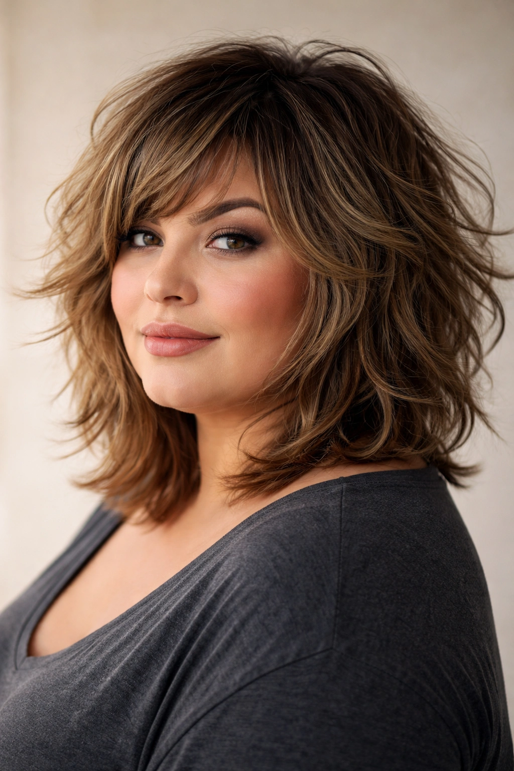 Portrait of a model with a textured shag showing layered movement around the face.