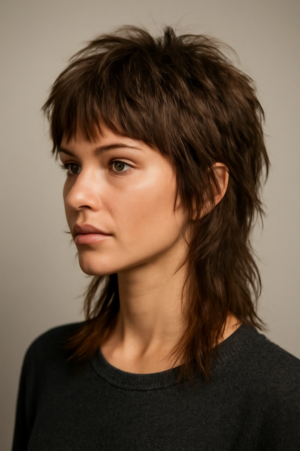Textured shag mullet on a model showing choppy layers and long back