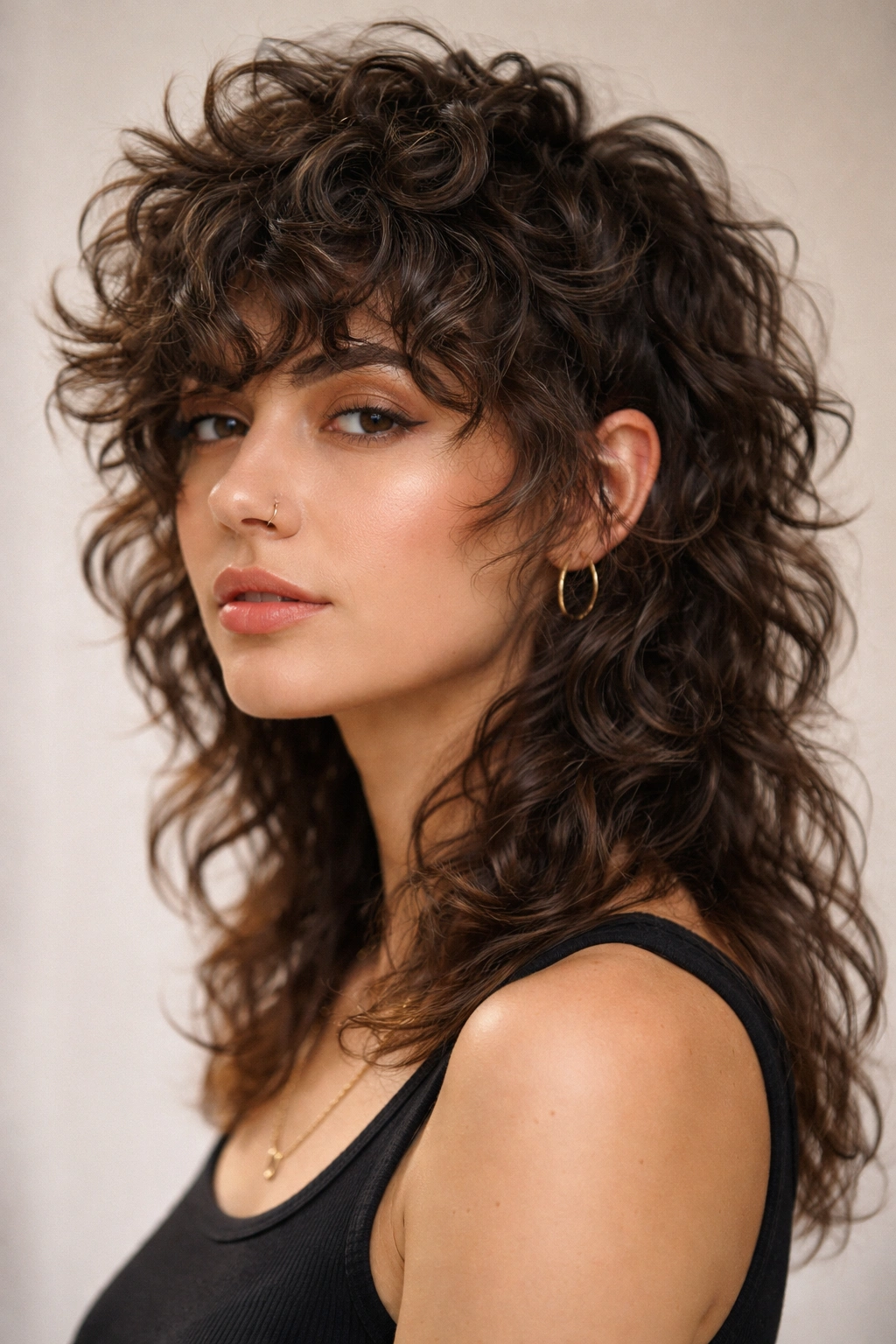 Close-up portrait of a textured shag mullet with layered curls and short front framing.