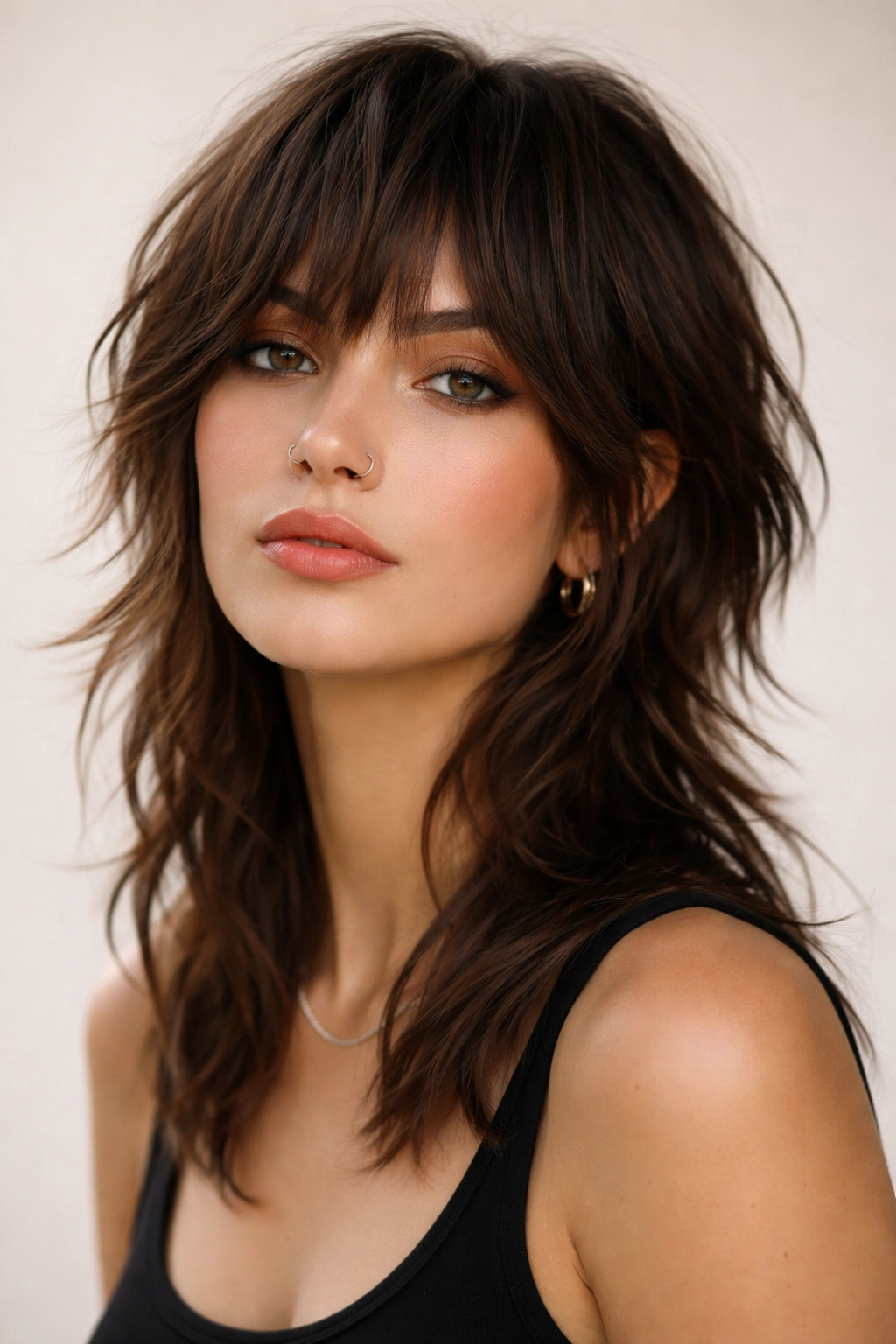Close-up portrait of a person with textured shag mullet featuring chin-length front layers and shoulder-length back
