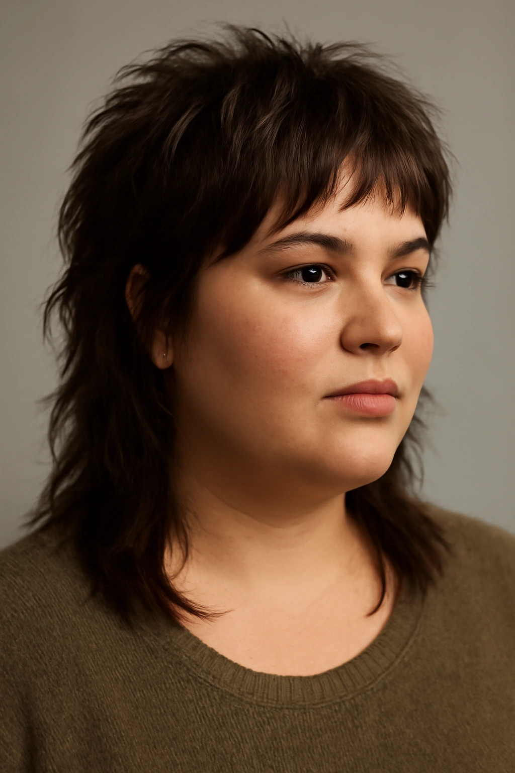 Close-up portrait of a plus-size model with a textured shag mullet showing layered crown and back kick