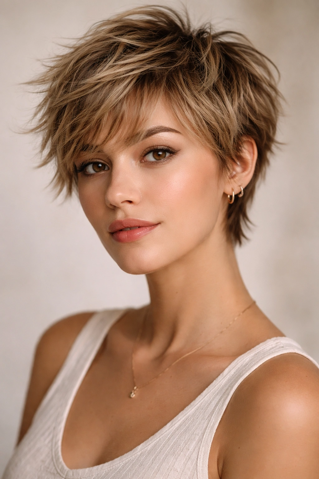 Close-up of textured shag pixie haircut with choppy layers