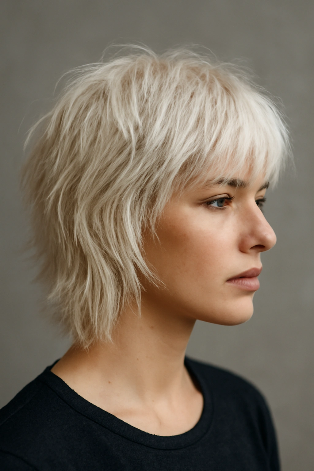 Textured shag hairstyle in platinum blonde with choppy layers