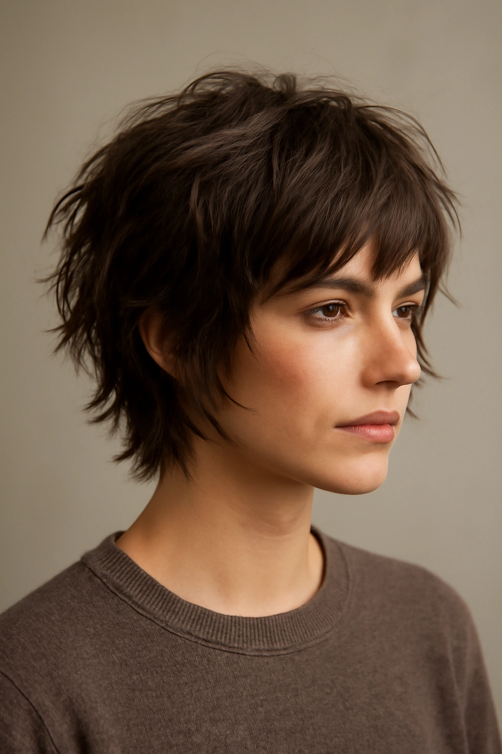 Short-haired person with layered textured shag.