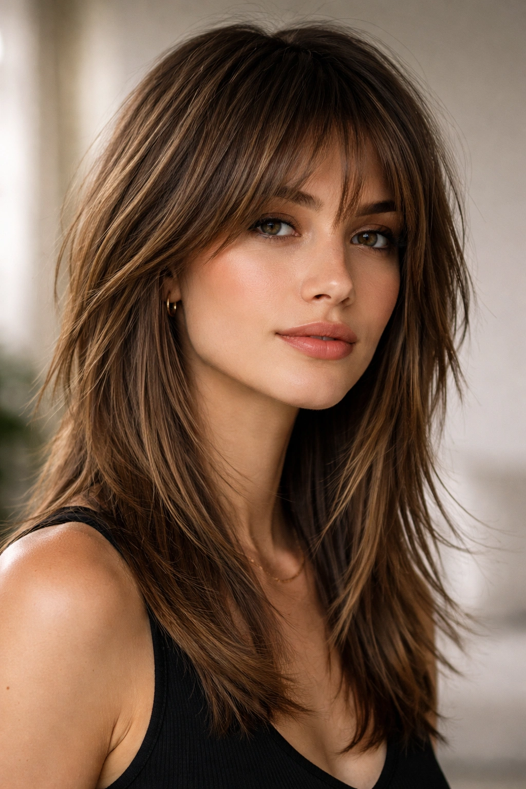 Portrait of a medium-length straight hair with textured shag layers