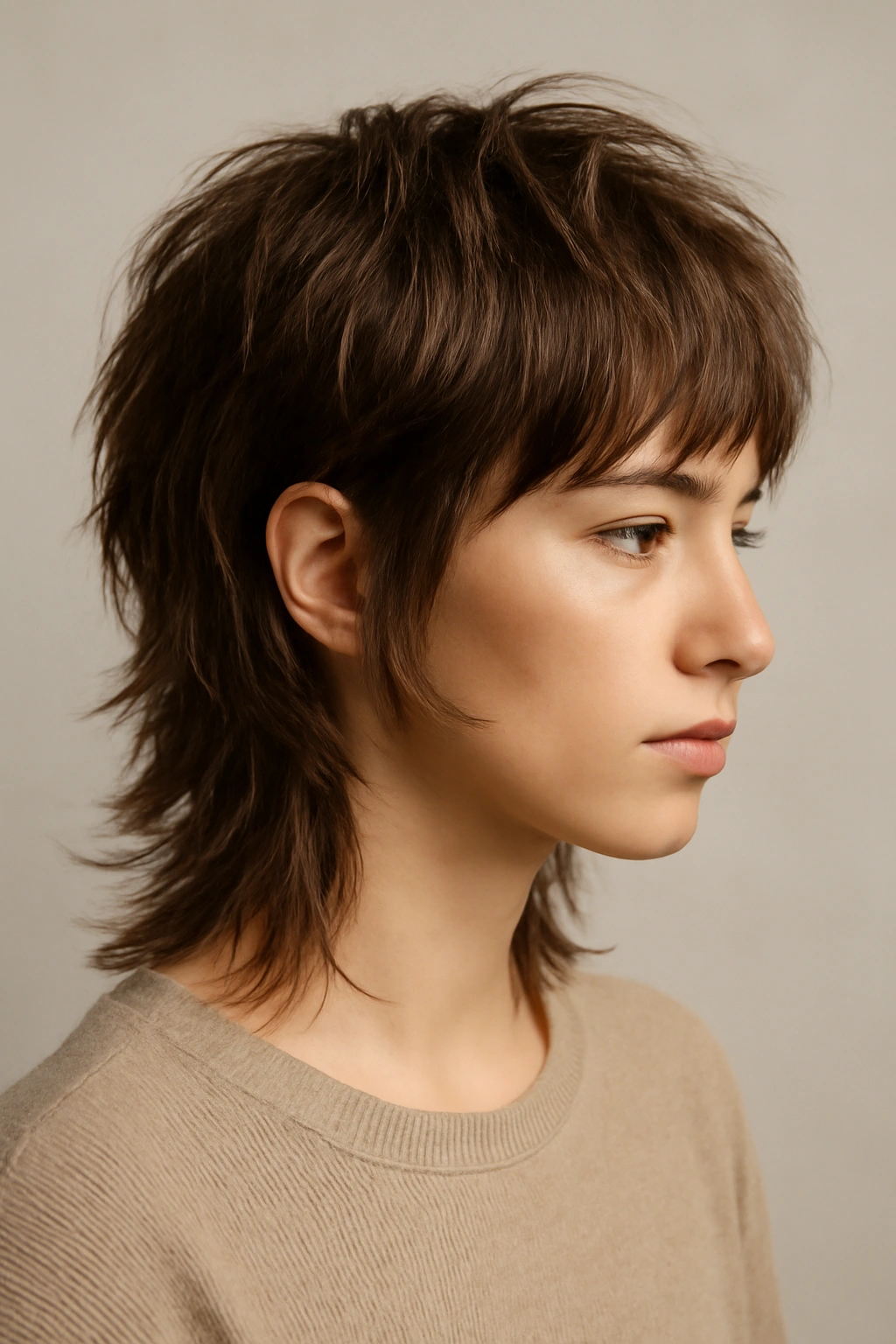 Profile view of a model with textured shag and hidden undercut around ears and nape