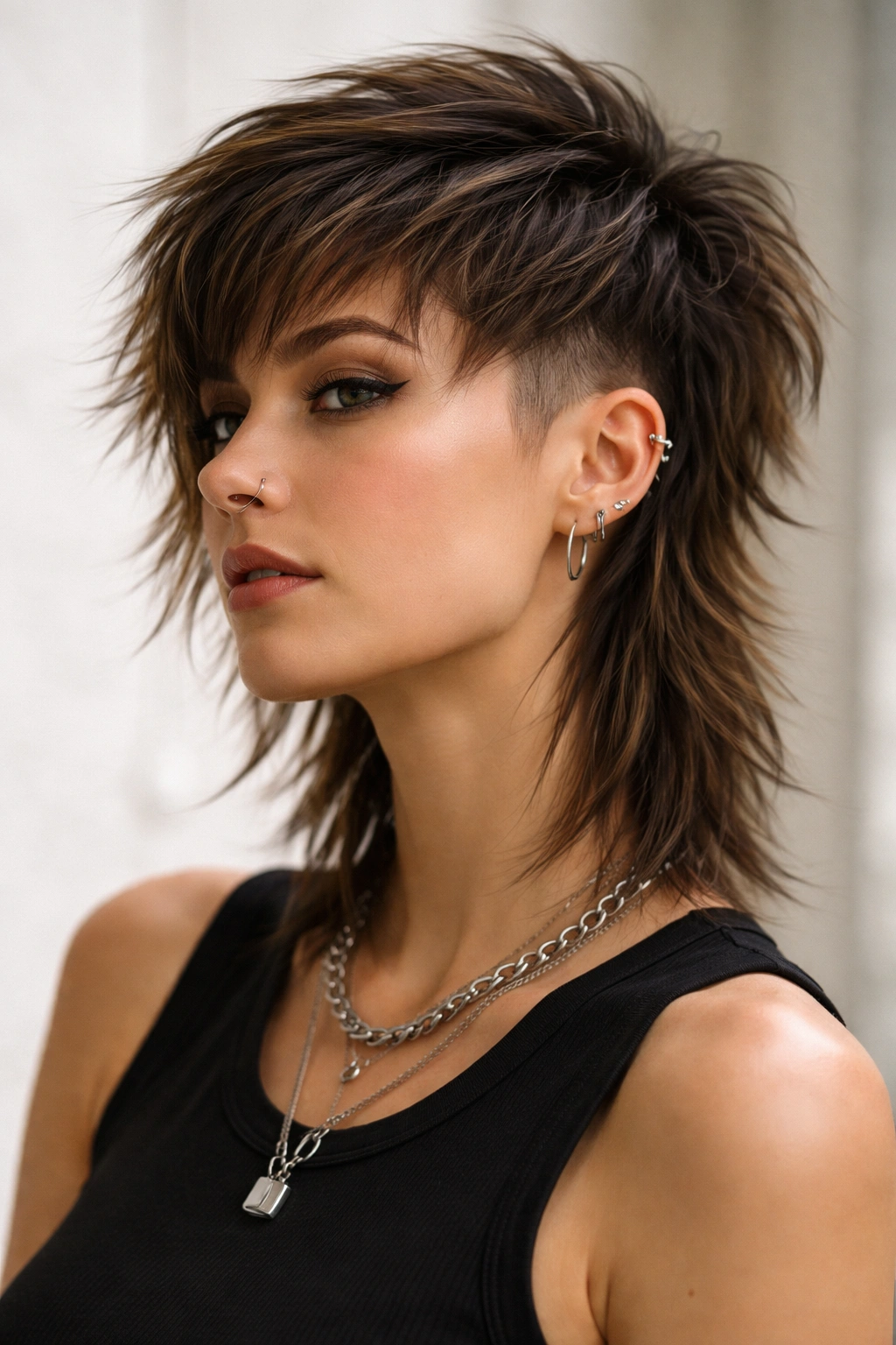 Portrait showing textured shag undercut hybrid with layered crown and tousled texture