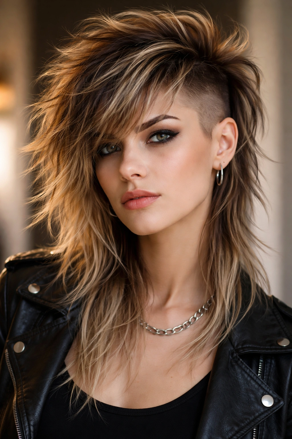 Portrait of a woman with a textured shag and double undercut.